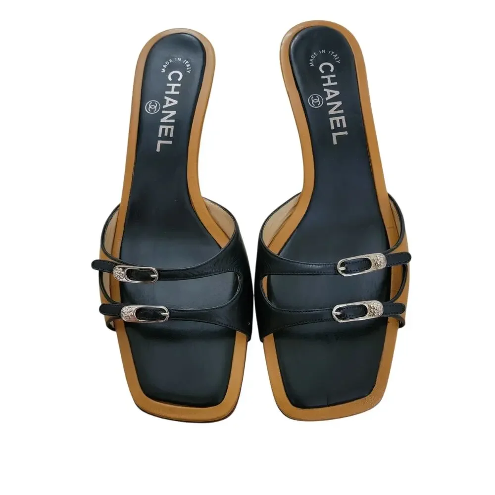Chanel Vintage Y2K Black Tan Leather Camellia Mules Sandals Kitten Heels 7 37.5 - Picture 7 of 16